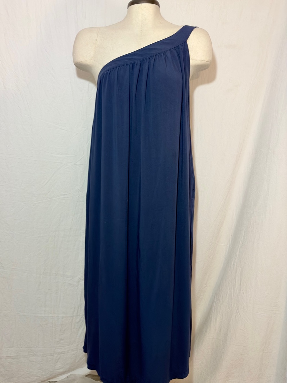 Old Navy One-Shoulder Maxi Dress Navy Blue Rayon Pockets Small